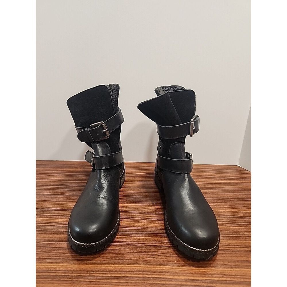 Fat Face Fur Lined Leather boots Double Buckle Black Sz 37